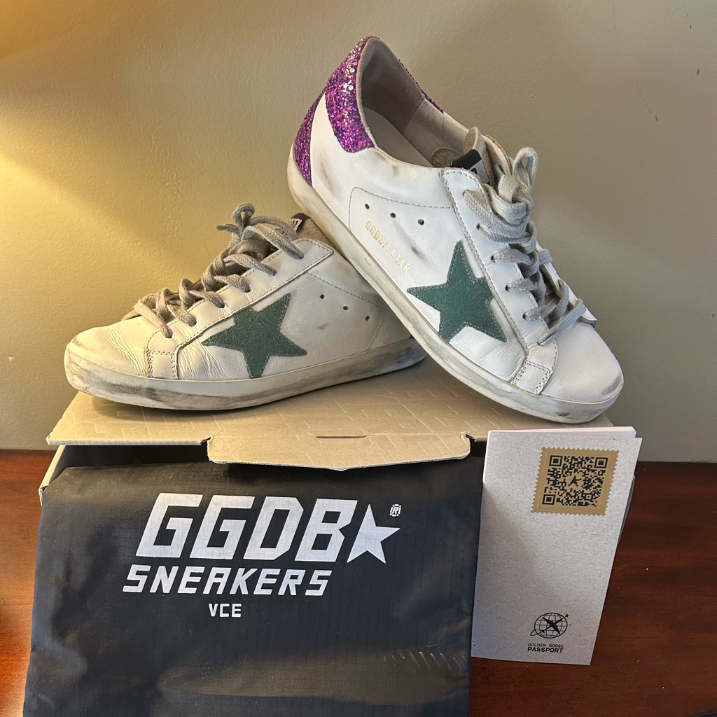 Golden Goose Superstars Women’s Sz. 37. Gray Suede Star,Purple Glitter Heel